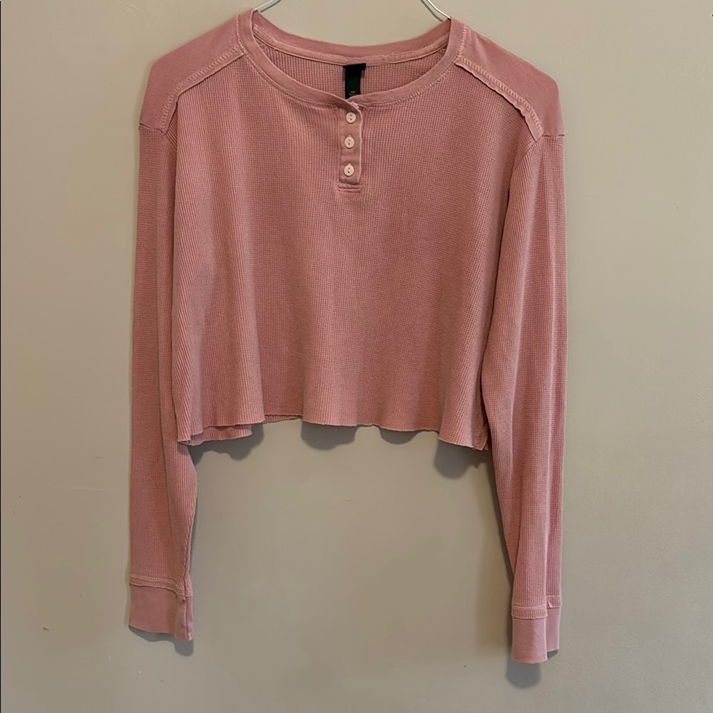 Cropped Pink Long Sleeve Waffle Top